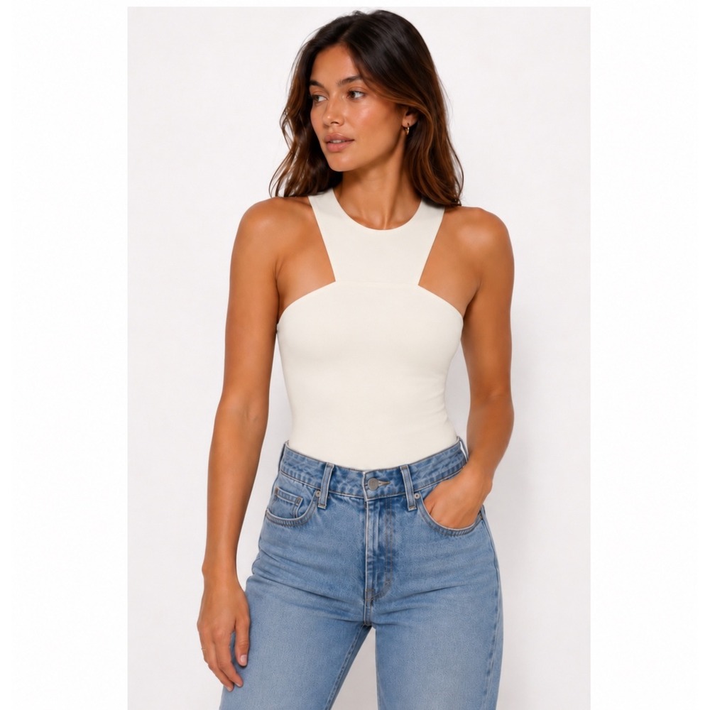 Abercrombie & Fitch White Bodysuit Soft A&F Cutout High Neck Racerback Medium